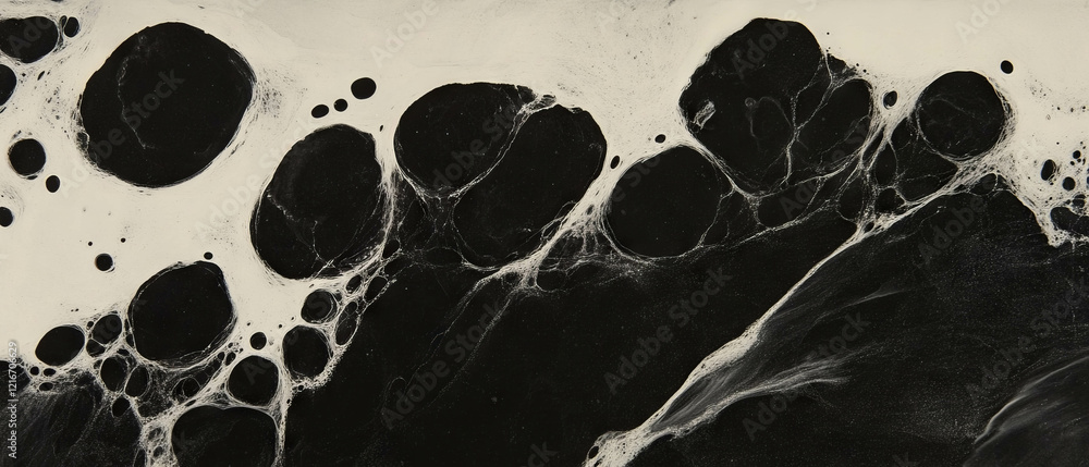 Poster black ink with alcohol diffusion creating unique textures on a textured white background