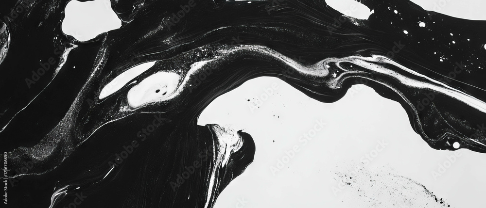 Poster exploring the intricate textures of black ink on a stark white background