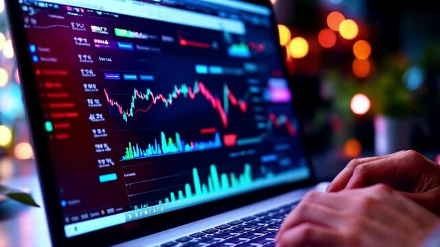 Analyzing financial markets on laptop screen displaying stock market graphs and data