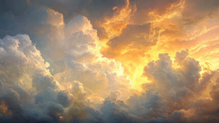 a celestial storm of glowing white and golden hues, illuminated clouds rolling with fiery undertones, beams of heavenly light piercing through