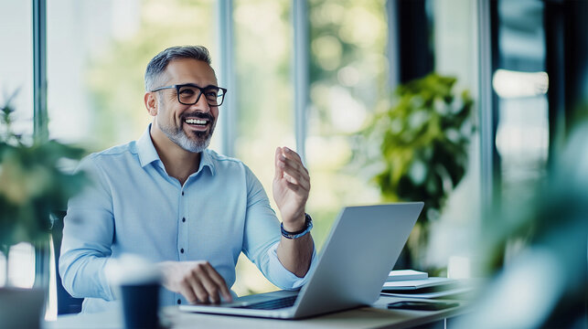 Smiling Mature Businessman in Glasses Gesturing While Talking on Video Call at Laptop in Office, Engaged in Remote Meeting, HR Hiring Process, or Professional Team Conference in Modern Workplace.