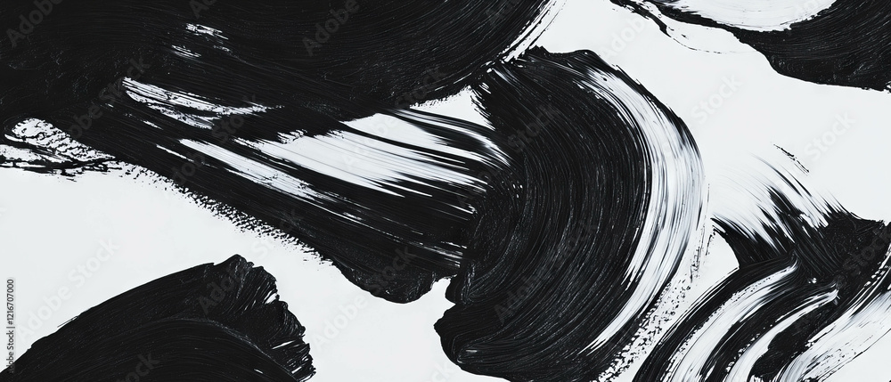 Poster Expressive black ink brushstroke patterns on a white background showcasing dynamic texture