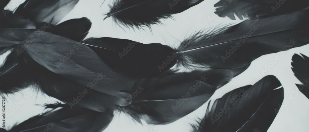 Poster Feathered black ink patterns on luminous white background create an artistic texture