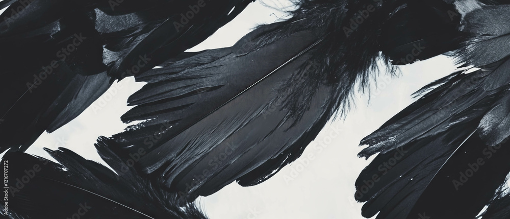Poster Unique texture of feathered black ink patterns on a luminous white background