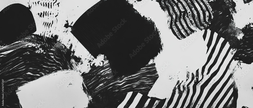 Poster geometric black ink patterns create striking contrasts on a white background