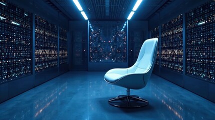 A solitary, sleek chair rests in a futuristic server room, bathed in cool blue light, amidst rows of glowing data banks, symbolizing the intersection of technology and contemplation.