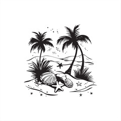 Starfish and Shells with the Palm Trees isolated Tropical Vector art on white background