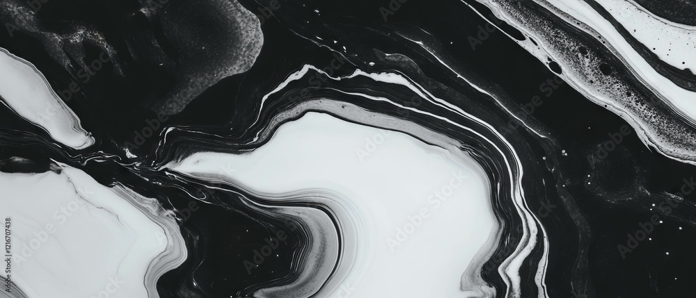 Poster marbled black ink patterns create swirling gradients on bright white background