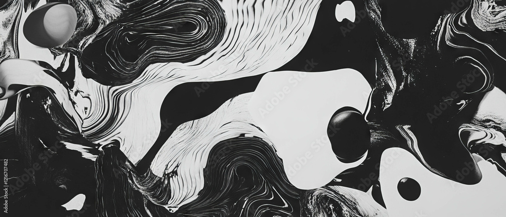Poster Monochromatic black ink patterns creating dynamic textures on a bright white background