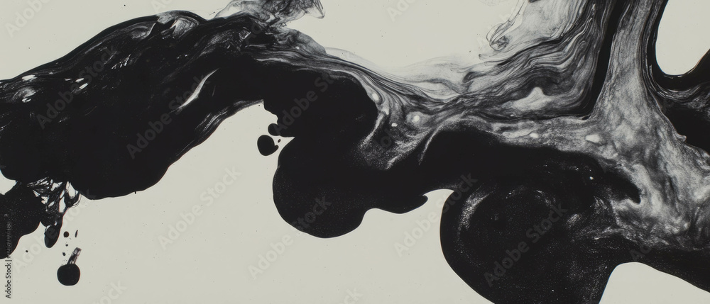 Poster Monochromatic black ink patterns on bright white background creating dynamic textures