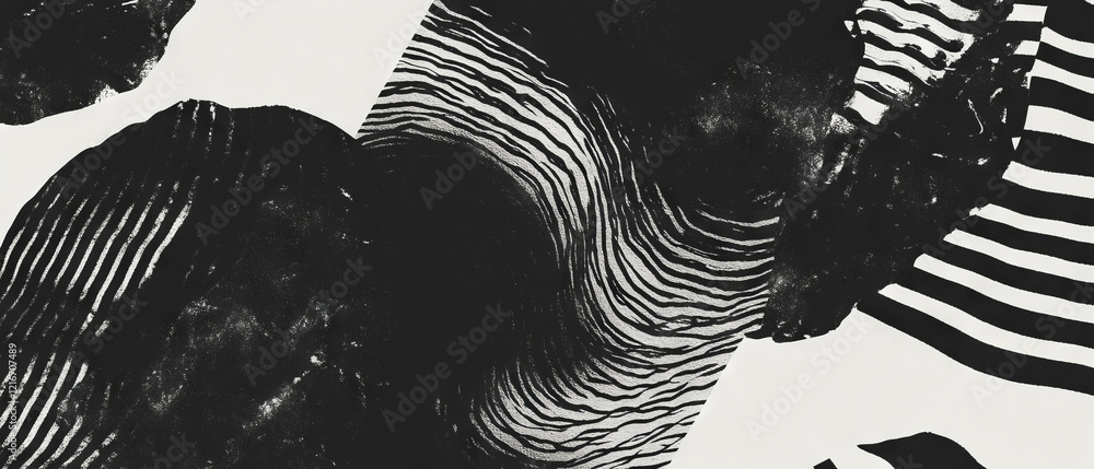 Poster monochromatic black ink patterns create dynamic textures against a brilliant white background