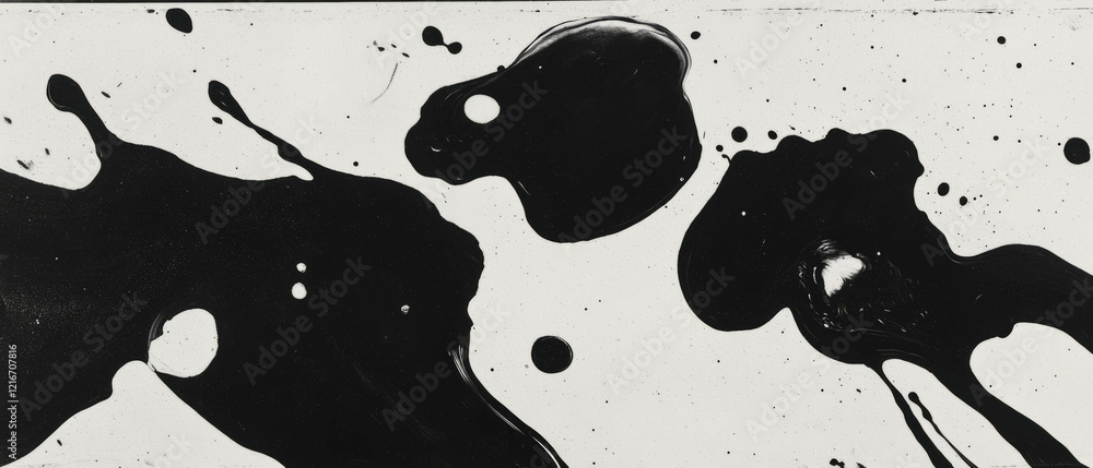 Aufkleber Black ink splatters create abstract patterns on pristine white background