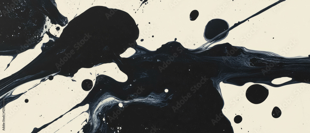 Poster creative interplay of splattered black ink on pristine white background displayed vividly