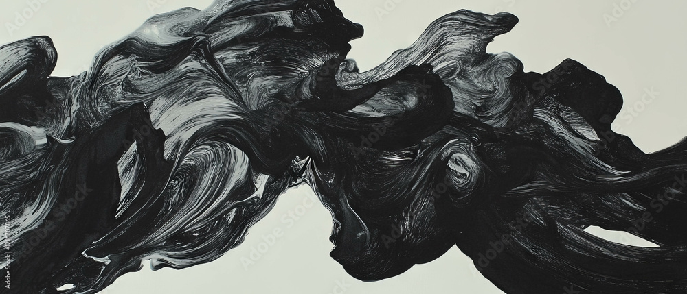 Poster swirling black ink patterns create fluid movements against a clean white background
