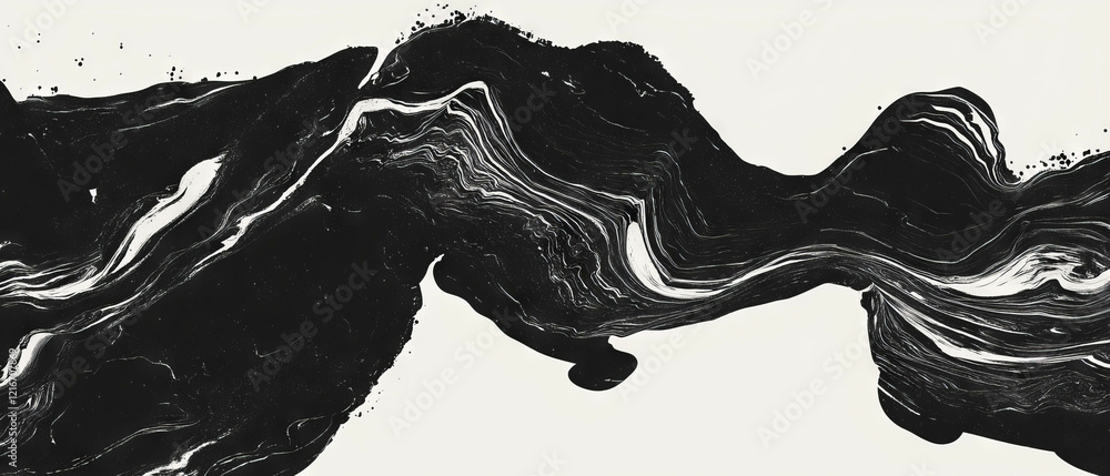 Poster swirling black ink patterns create fluid movements against a clean white background