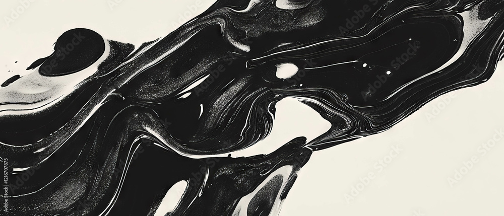 Poster swirling black ink patterns on a clean white background creating fluid movement