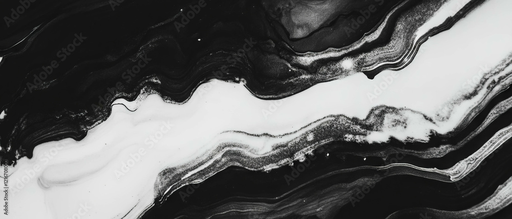 Poster washed black ink patterns blend softly on a white background in unique abstract artwork