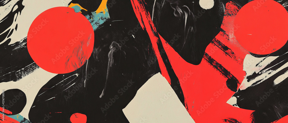 Poster exploring vibrant abstract ink patterns with bold red shapes and contrasting colors