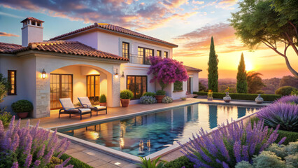 Fototapeta premium Luxurious villa with serene pool, blooming flowers, and sunset view