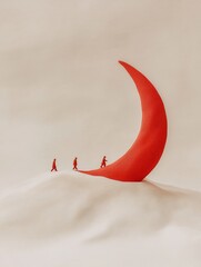 Contemporary Ramadan Minimalism Red Crescent Fabric Landscape with Tiny Figurines - High-Resolution Miniature Art for Modern Interior Decor and Retail Display Design