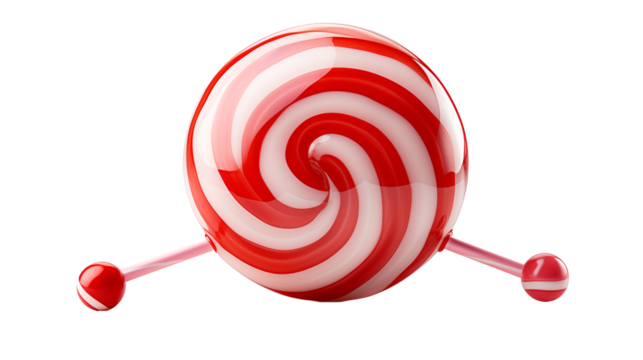 Red and white swirl lollipop, a festive candy treat with a spiral design perfect for celebrations, transparent background.