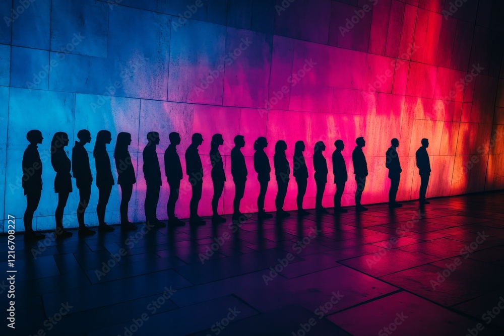 Poster people in silhouette line against a vibrant colorful wall during an evening event in an urban settin