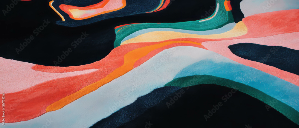 Poster colorful abstract patterned rug showcasing irregular shapes and vibrant textures in a modern space