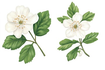 Elegant Hawthorn Blossom: White Flower & Leaf Clipart, Botanical Illustration, Spring Floral Design 