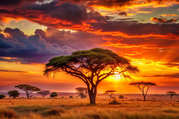 Fototapeta premium stunning sunset over African savanna, featuring acacia trees and vibrant colors