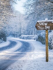 Snowy Winter Road with Snow Day Sign

