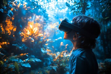 Young boy experiences virtual reality in a vibrant, lush jungle setting during the daytime