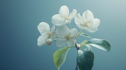 Fototapeta premium White blossoms showcase delicate beauty against a soft blue backdrop. Generative AI