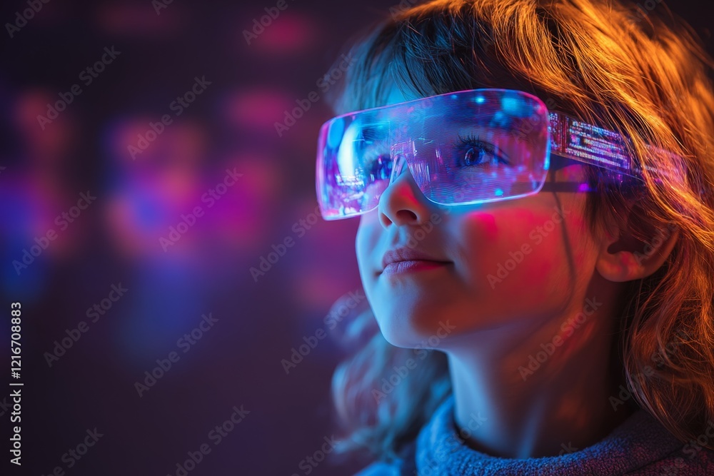 Poster child wearing illuminated futuristic glasses in a colorful environment at a technology event