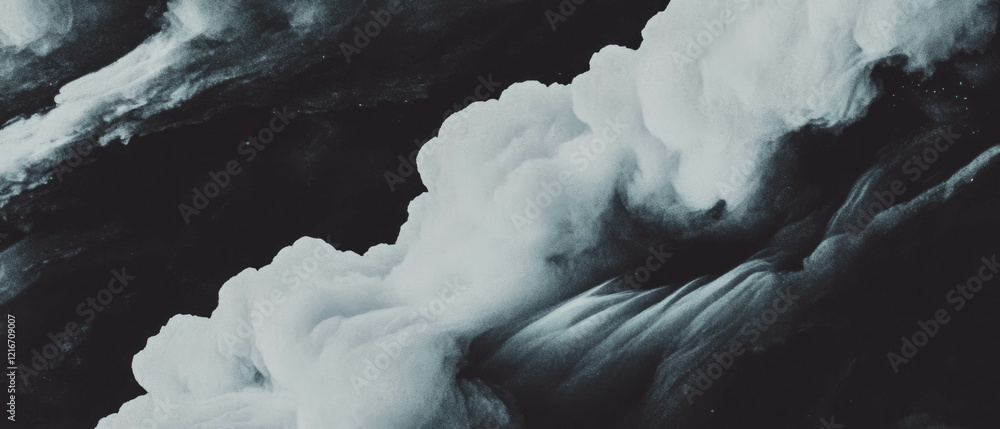 Poster Ink diffusion creating abstract black texture with blurred edges on white background
