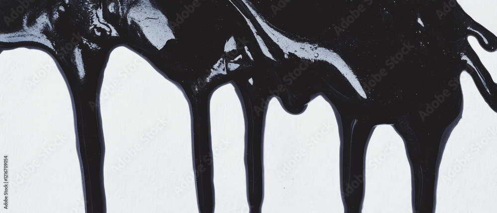 Poster Black ink flowing and dripping across a white background creating abstract textures