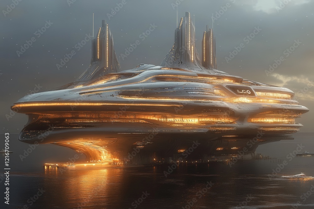 Poster Futuristic floating structure illuminated at twilight over calm waters with surrounding boats and a dramatic sky