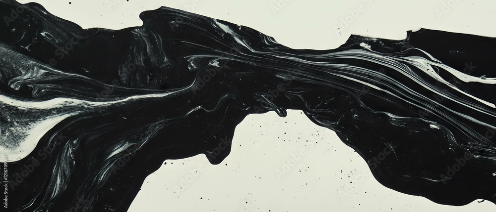 Poster black ink flows and drips on white canvas creating dynamic textures and patterns