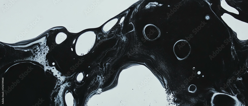Poster Black ink drips forming intricate patterns on a white background in an artistic display