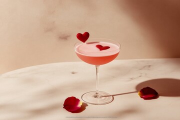 Romantic Valentines Elegance Pink Cocktails with Red Heart Garnishes and Rose Petals - Seasonal Drink Styling for Events and Digital Marketing