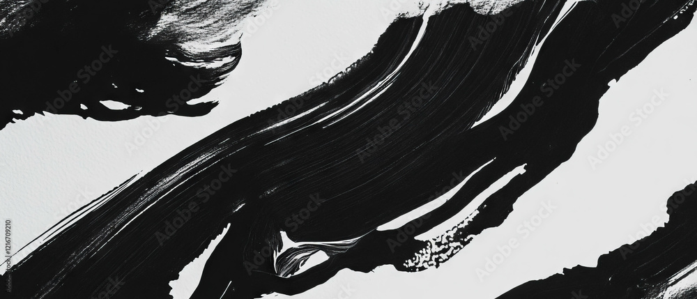 Poster black ink strokes create dynamic textures on white paper in artistic composition