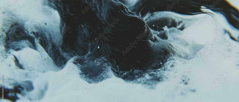 Poster intricate patterns formed by black ink swirling on textured white canvas background