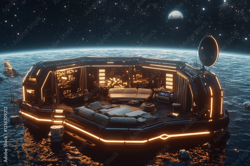 Aufkleber futuristic spaceship lounge floating above earth in a starry night sky creating a captivating ambian