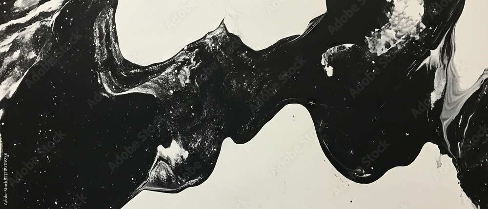 Poster black ink creating textured patterns on white canvas with striking contrast