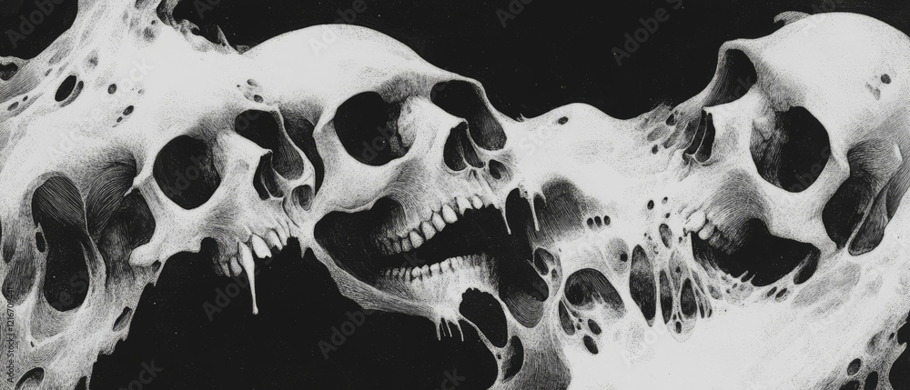Aufkleber intricate black ink stippling creating haunting skull textures on a stark white background