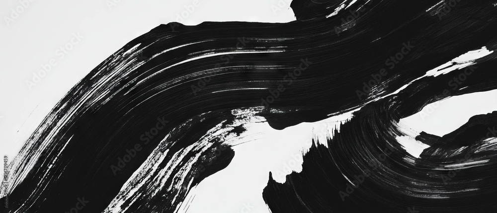Poster brush strokes create dynamic black ink patterns on textured white paper background
