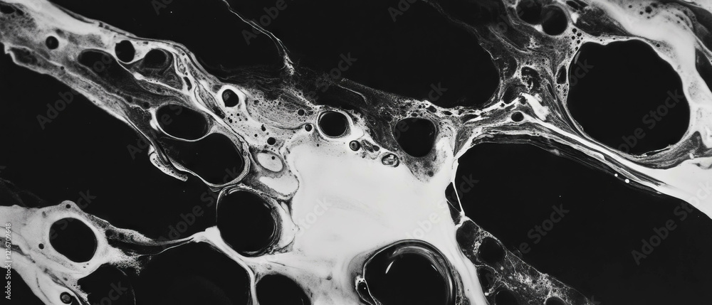 Poster Intricate texture created by black ink and alcohol on white paper with unique patterns