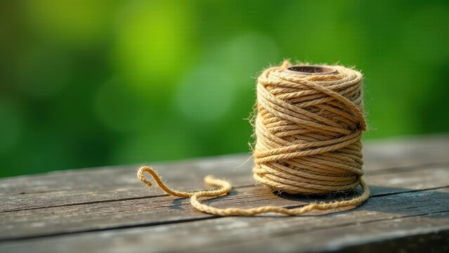 A spool of natural fiber twine rests on weathered wood, bathed in sunlight against a softly blurred green background.