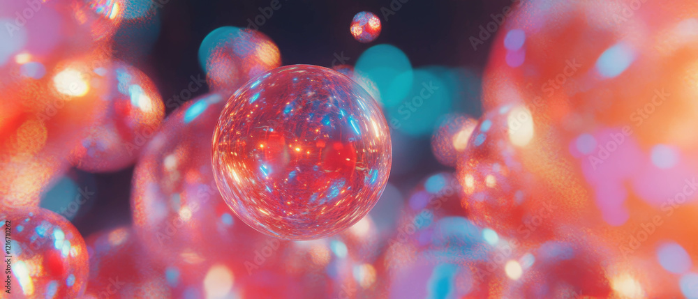 Poster bouncing spheres exhibit vibrant colors and playful light reflections amid dynamic motion