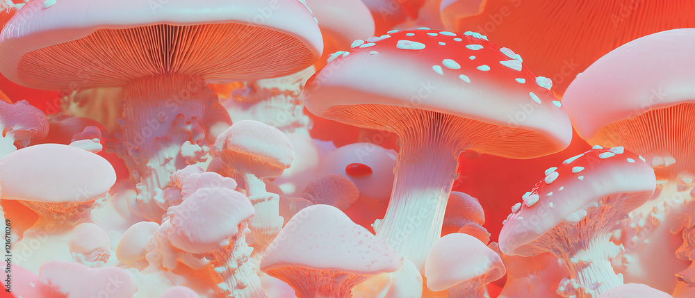 Poster Bouncing mushrooms with playful red and white spots in a vibrant environment