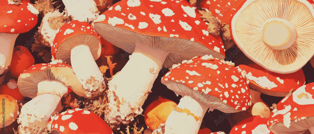 Poster Bouncing mushrooms with playful red and white spots in vibrant textures